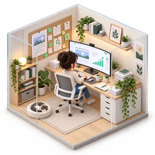Isometric room showing a researcher working at a desk with SEO charts and notes